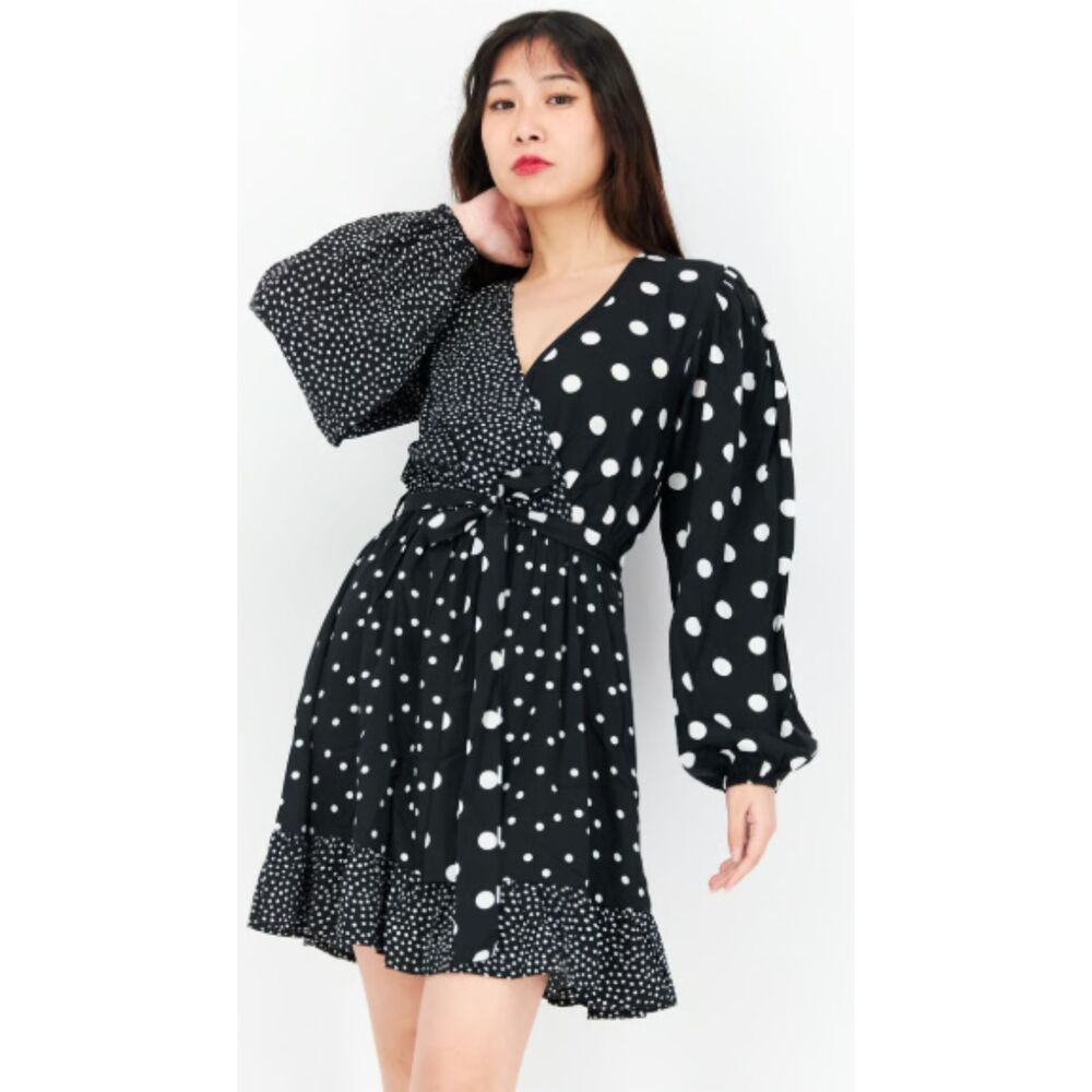 Wednesday's Girl Mini Dress M Womens Black Polka Dot Vneck Long Sleeve Faux Wrap